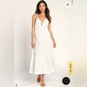 Lulus Being Beautiful White Tie-Strap Tiered Midi Dress